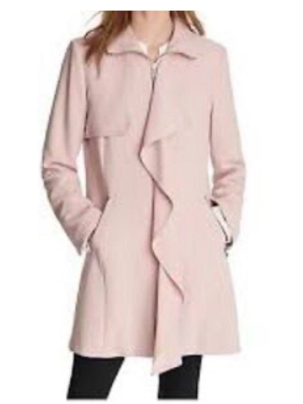 KARL LAGERFELD Women's Garbine Ruffle Front Topper Coat Transition Jacket Pink
